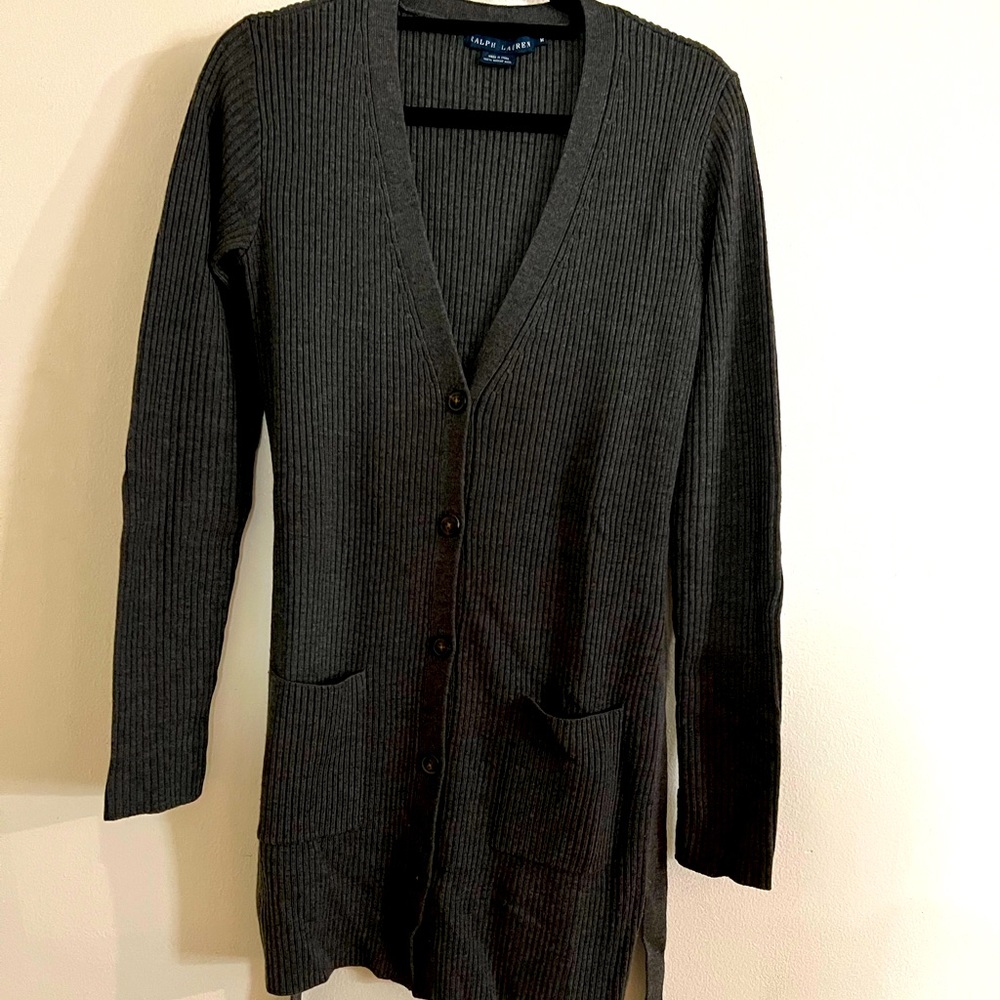 Ralph Lauren Gray Cardigan Black Leather Elbow Patches